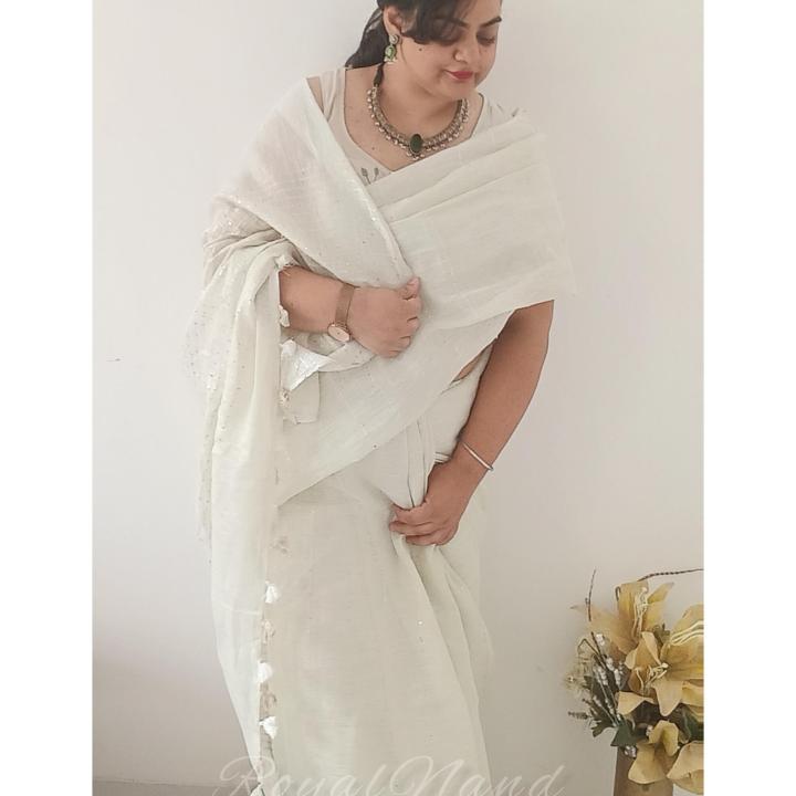 Green Pure Linen Saree with Delicate Sequin Embellishment