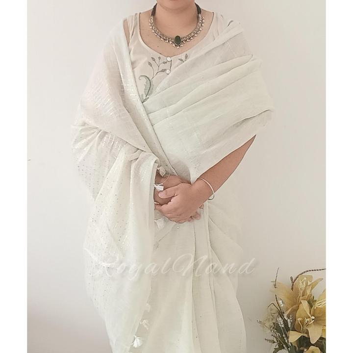 Green Pure Linen Saree with Delicate Sequin Embellishment