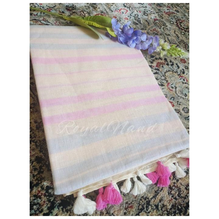 Subtle English Color Pure Linen Saree with Pink and Powder Blue Stripes