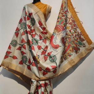 Tussar Silk Saree (Cream & Pink)