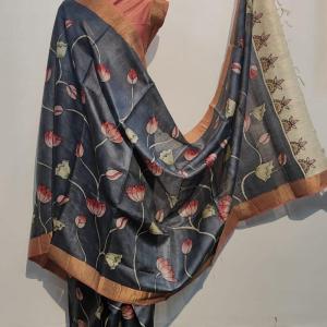Tussar Silk Saree (Dark Grey & Orange)