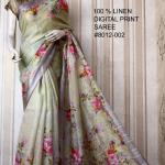 Coral Green & Gray Digital Printed Pure Handloom Linen Saree