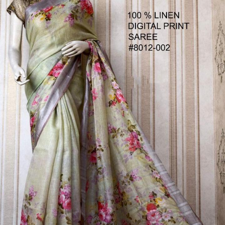Coral Green & Gray Digital Printed Pure Handloom Linen Saree