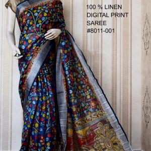 Black Grey Digital Printed Pure Handloom Linen Saree