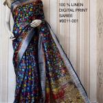 Black Grey Digital Printed Pure Handloom Linen Saree