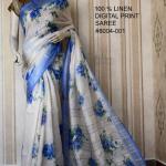 White Blue Digital Printed Pure Handloom Linen Saree