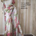 White Pink Digital Printed Pure Handloom Linen Saree