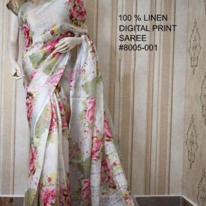 White Pink Digital Printed Pure Handloom Linen Saree