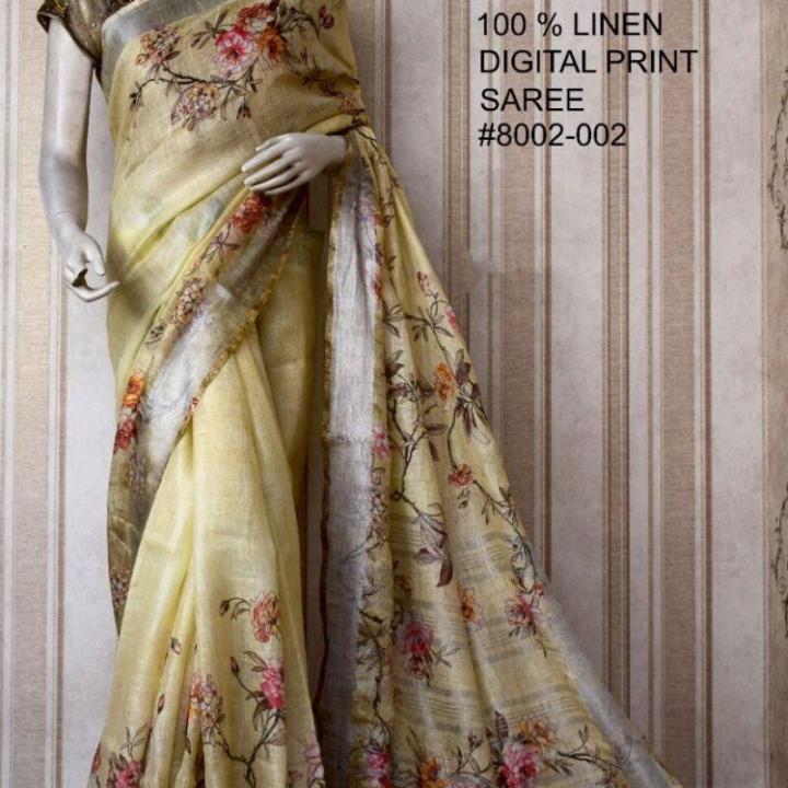 Cream Yellow Digital Printed Pure Handloom Linen Saree