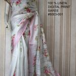 White Pink Digital Printed Pure Handloom Linen Saree