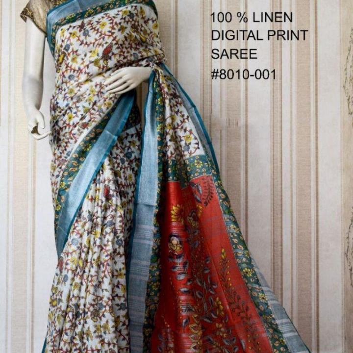 White Red Digital Printed Pure Handloom Linen Saree