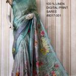 Grey Blue Digital Printed Pure Handloom Linen Saree