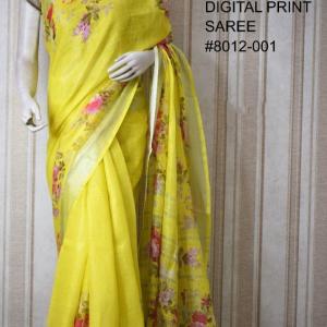Yellow Digital Printed Pure Handloom Linen Saree