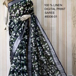 Black Pattern Digital Printed Pure Handloom Linen Saree