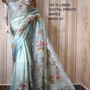 Blue Digital Printed Pure Handloom Linen Saree