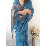 Blue and Black Striped Pure Linen Saree
