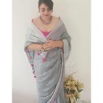 Grey & dark pink pure linen saree