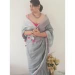 Grey & dark pink pure linen saree