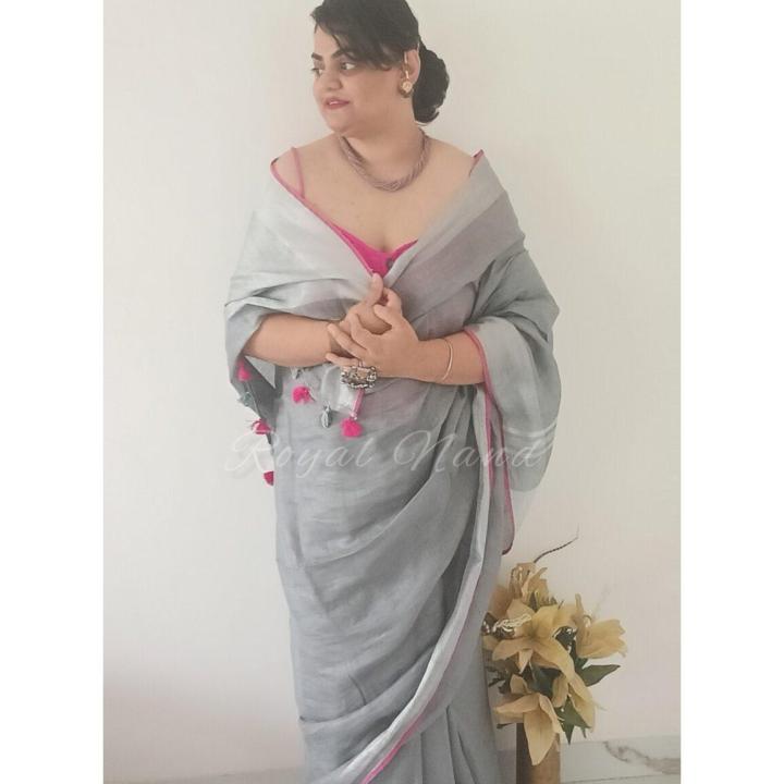 Grey & dark pink pure linen saree