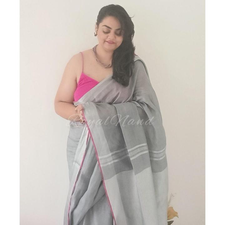 Grey & dark pink pure linen saree