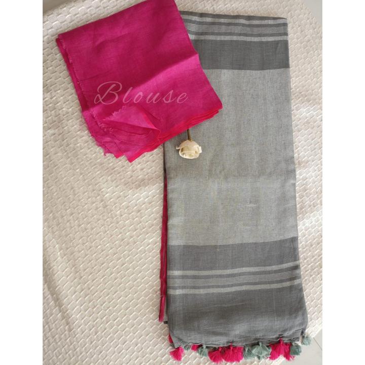 Grey & dark pink pure linen saree