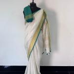 Onam Special Linen Saree – Off-White with Gold & Green Borders
