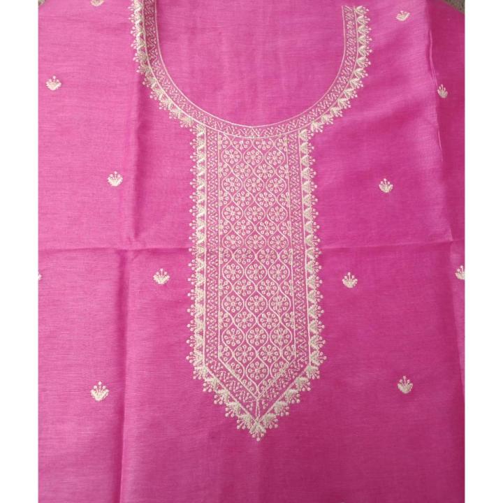 Hot Pink Linen Silk Kurta with Off-White Embroidery