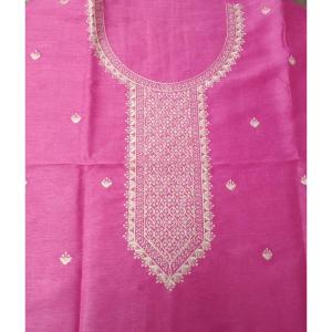 Hot Pink Linen Silk Kurta with Off-White Embroidery