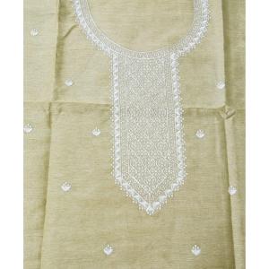 Olive Green Linen Silk Kurta with White Chikankari-Style Embroidery