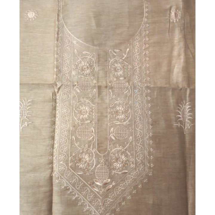 Light Khaki Linen Silk Kurta with Pale Gold Embroidery