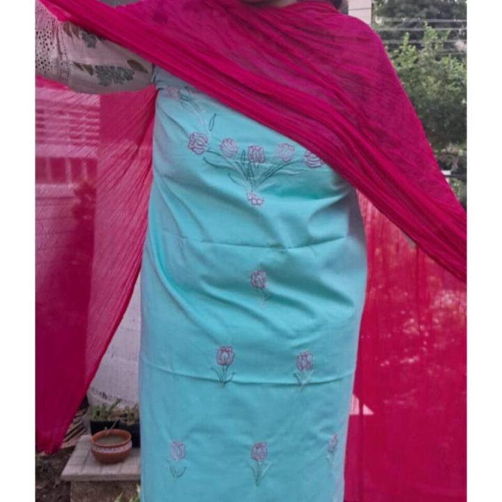 Hand-Embroidered Pure Cotton Suit with Laced Chiffon Dupatta