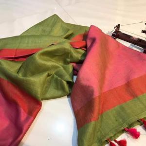 Light Green Pink Handloom Linen Saree