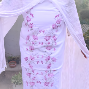 Hand-Embroidered Pure Cotton Suit with Laced Chiffon Dupatta