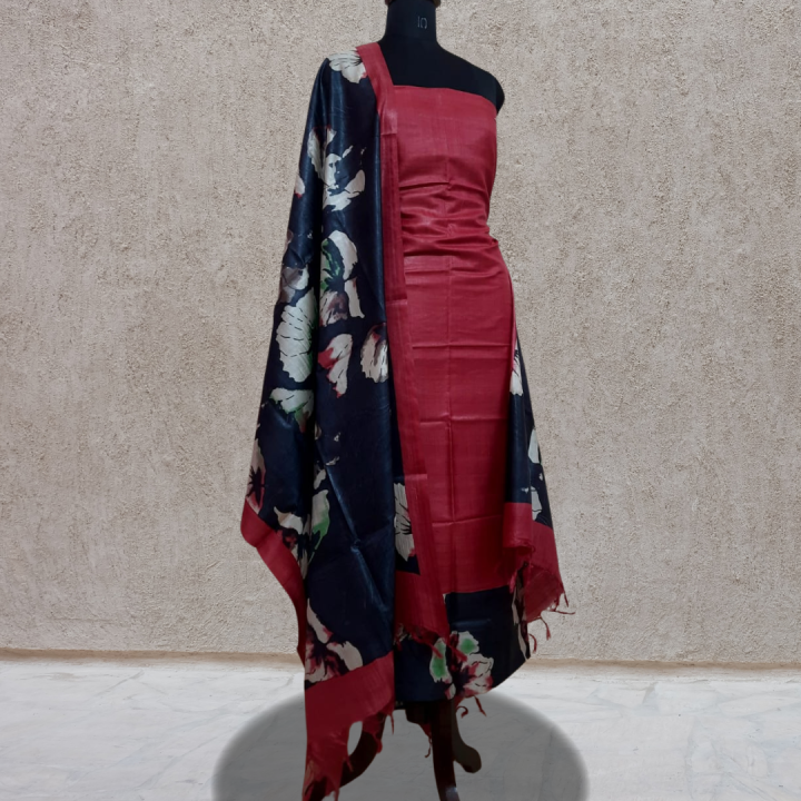 Red & Black Tussar Silk Block Printed 2-Piece Suit Set