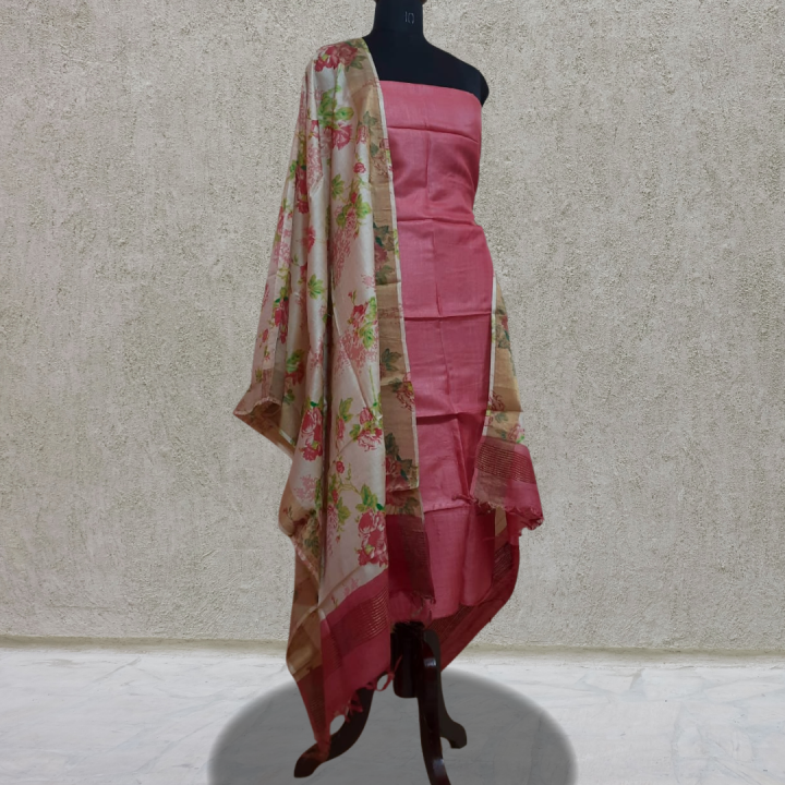 Light Pink Tussar Silk Block Printed 2-Piece Suit Set with Virgin Color Dupatta