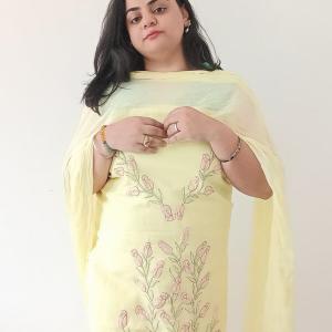 Hand-Embroidered Pure Cotton Suit with Laced Chiffon Dupatta