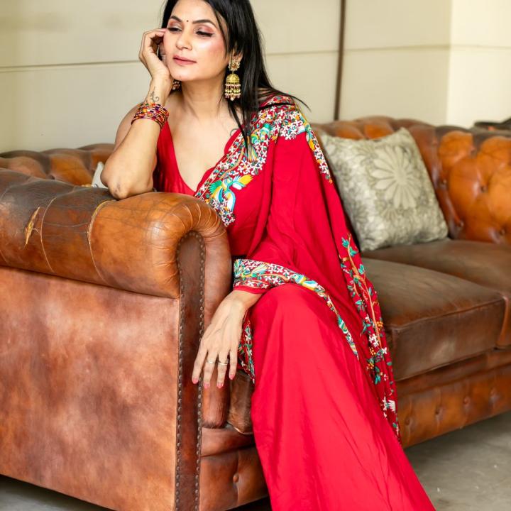 Parsi Red Crepe Embroidered Saree