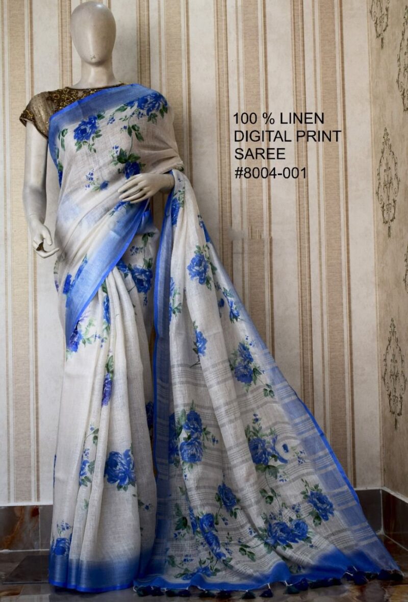 White Blue Digital Printed Pure Handloom Linen Saree